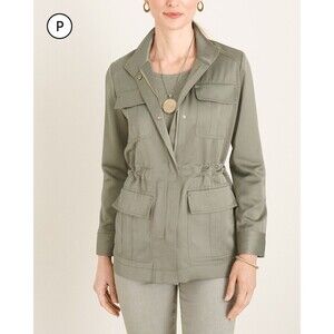 Chicos 2 Satin Sheer Soft Utility Jacket Deep Olive Size 12/14 Snap Front Safari
